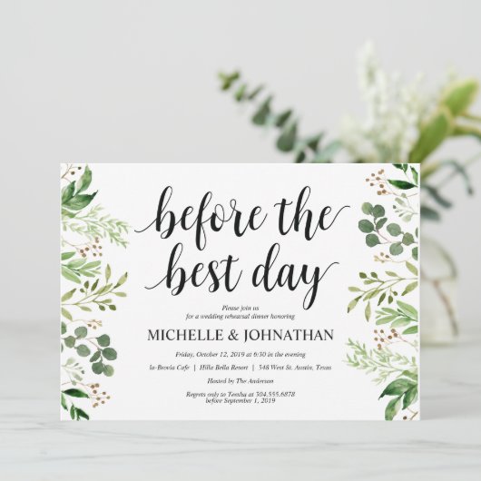 Greenery Rustic Wedding Rehearsal Dinner Invites Kaart (Staand voorkant)