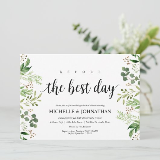 Greenery Rustic Wedding Rehearsal Dinner Invites Kaart (Staand voorkant)