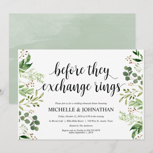 Greenery Rustic Wedding Rehearsal Dinner Invites Kaart (Voorkant / Achterkant)