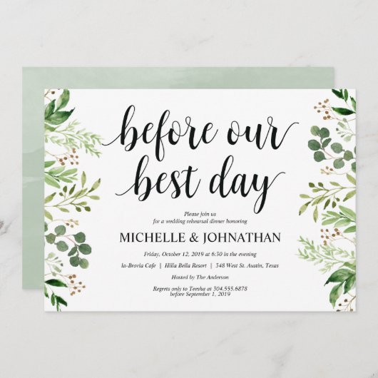 Greenery Rustic Wedding Rehearsal Dinner Invites Kaart (Voorkant / Achterkant)
