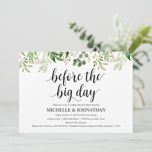 Greenery Rustic Wedding Rehearsal Dinner Invites Kaart (Staand voorkant)
