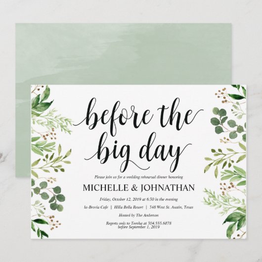 Greenery Rustic Wedding Rehearsal Dinner Invites Kaart (Voorkant / Achterkant)