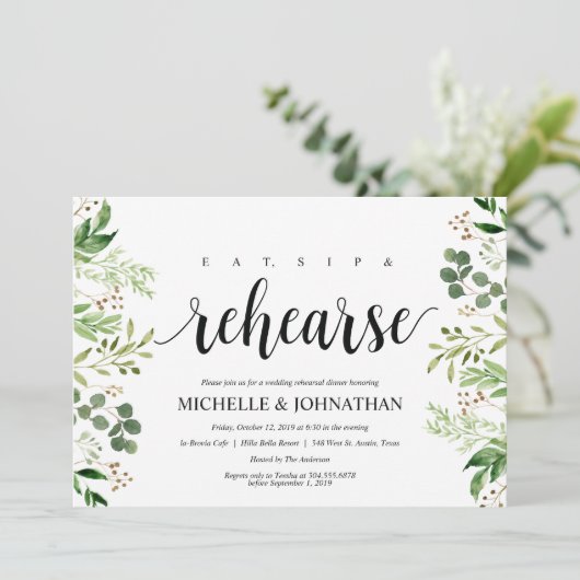 Greenery Rustic Wedding Repetitie Diner Uitnodigt Kaart (Staand voorkant)