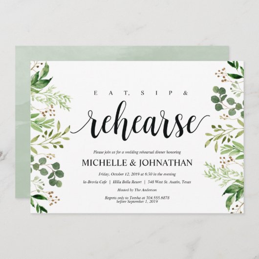 Greenery Rustic Wedding Repetitie Diner Uitnodigt Kaart (Voorkant / Achterkant)