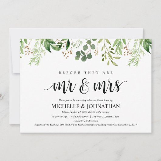 Greenery Rustic Wedding Repetitie Diner Uitnodigt Kaart (Voorkant)