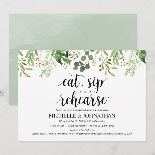Greenery Rustic Wedding Repetitie Diner Uitnodigt Kaart (Voorkant / Achterkant)