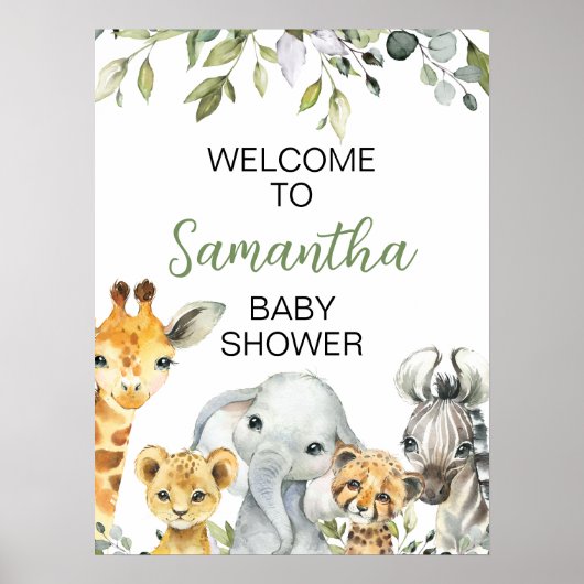 Greenery Safari Animals Baby shower Welkomstbord Poster (Voorkant)