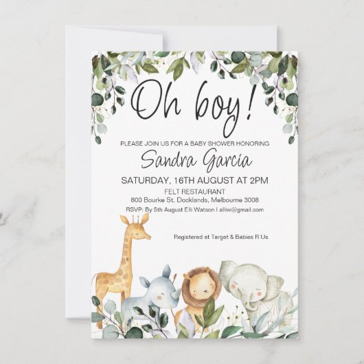 Greenery Safari Animals met Baby shower van Lion Kaart (Voorkant)