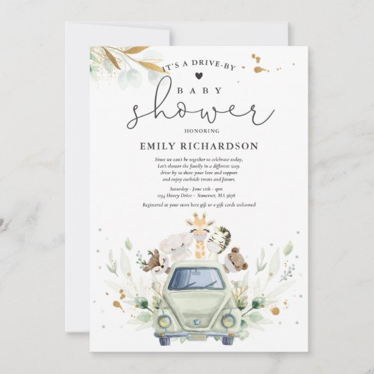 Greenery Safari Animals rijden op Baby shower Kaart (Voorkant)