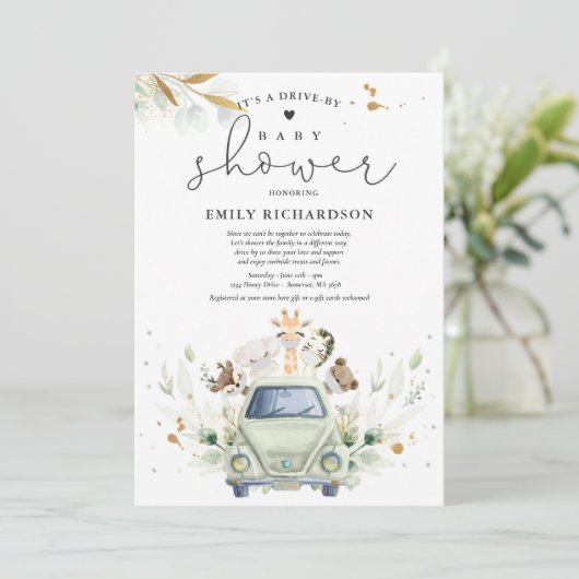 Greenery Safari Animals rijden op Baby shower Kaart (Staand voorkant)