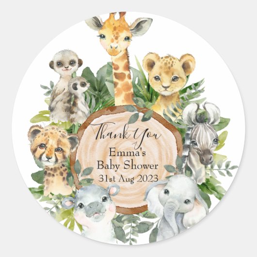 Greenery Safari Jungle Wild Animals Baby Shower Ronde Sticker (Voorkant)