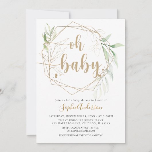 Greenery Sage en Gold Oh Baby Baby shower Kaart (Voorkant)