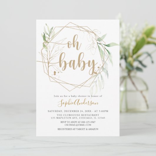 Greenery Sage en Gold Oh Baby Baby shower Kaart (Staand voorkant)