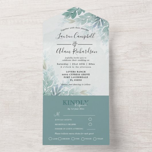 Greenery Sage Green Waterverf Foliage Wedding All In One Uitnodiging (Binnen)
