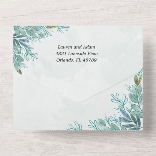 Greenery Sage Green Waterverf Foliage Wedding All In One Uitnodiging (Achterkant)