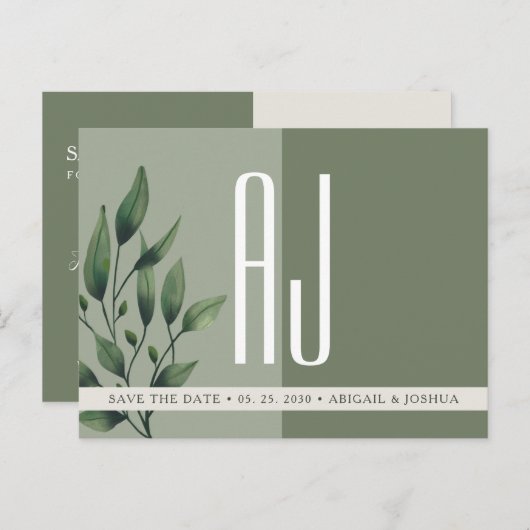 Greenery Sage Green Wedding Save the Date Aankondigingskaart (Voorkant / Achterkant)
