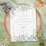 Greenery Sage Lila Floral in één bruiloft Kaart<br><div class="desc">Greenery waterverf floral sage lila allemaal in één trouwuitnodiging met  sage en lila bladeren die over een elegant goudlijst blazen dat je trouwgegevens omsluit in klassieke elegante tekst. Pas al uw speciale trouwdaggegevens aan op de achterzijde,  inclusief uw RSVP,  accommodatie en aanvullende gegevens. Ontworpen door: Thisnotme©</div>