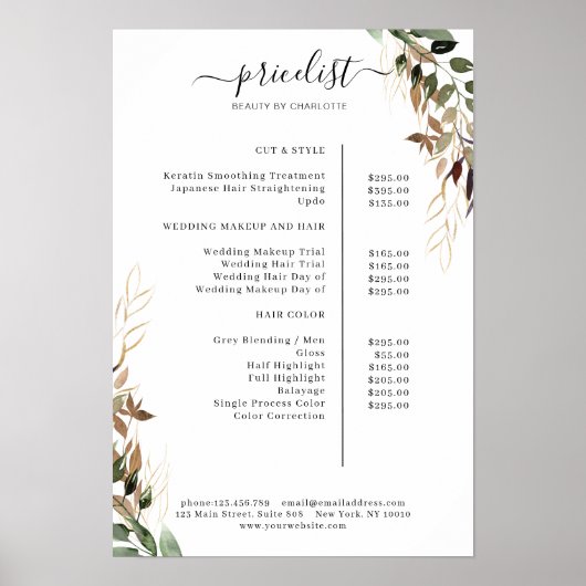 Greenery Salon Price List Poster (Voorkant)