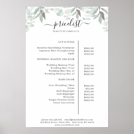 Greenery Salon Price List Poster (Voorkant)