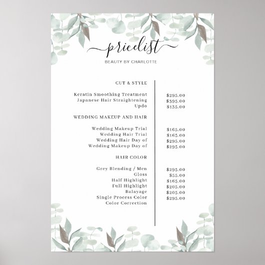 Greenery Salon Price List Poster (Voorkant)
