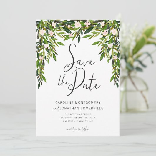 Greenery Save the Date Card Full Names (Staand voorkant)