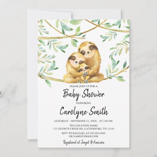 Greenery Schattig Sloth Baby shower Kaart (Voorkant)