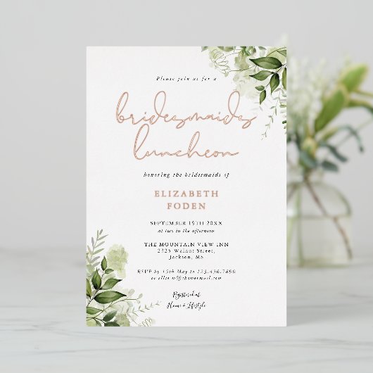 Greenery Script Monogram Bridesmaids Luncheon Foli Folie Uitnodiging (Staand Voorkant)