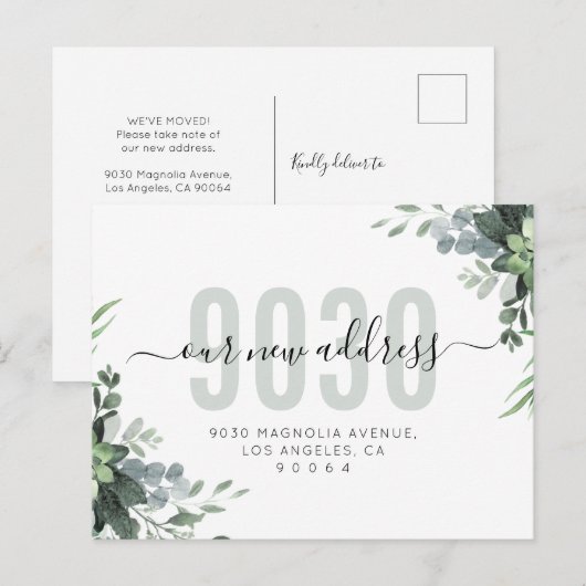 Greenery Script Ons nieuwe adres We zijn verhuisd Aankondigingskaart (Voorkant / Achterkant)