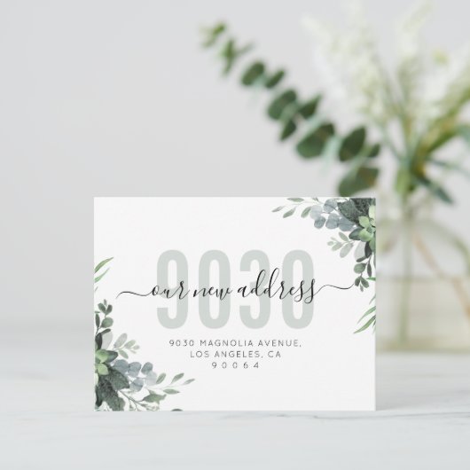Greenery Script Ons nieuwe adres We zijn verhuisd Aankondigingskaart (Staand voorkant)