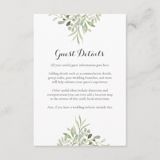 Greenery Script Wedding Accommodatie Details Informatiekaartje (Voorkant)