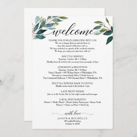 Greenery Script Wedding Itinerary Wedding Welcome Programmakaart (Voorkant / Achterkant)