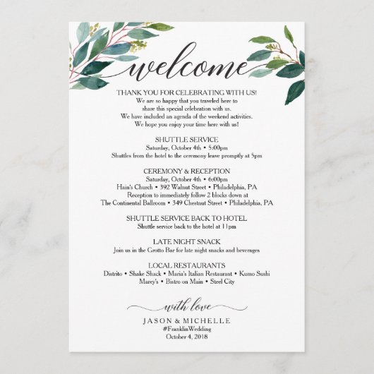 Greenery Script Wedding Itinerary Wedding Welcome Programmakaart (Voorkant)