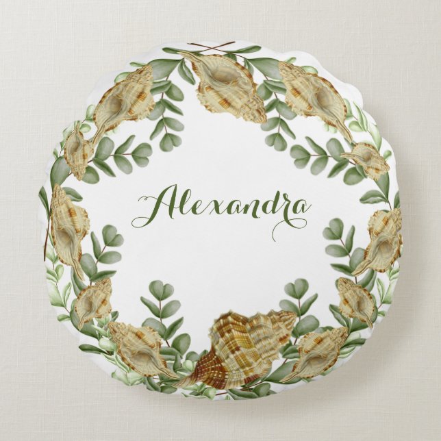 Greenery Seashell Nautical Cream Shells Rond Kussen (Voorkant)