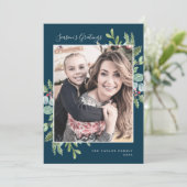 Greenery Season's Greetings | Navy Foto Feestdagenkaart (Staand voorkant)
