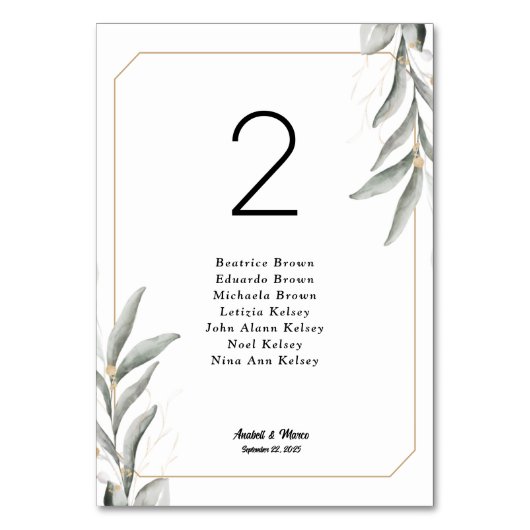 Greenery Seating Chart Cards Kaart (Achterkant)
