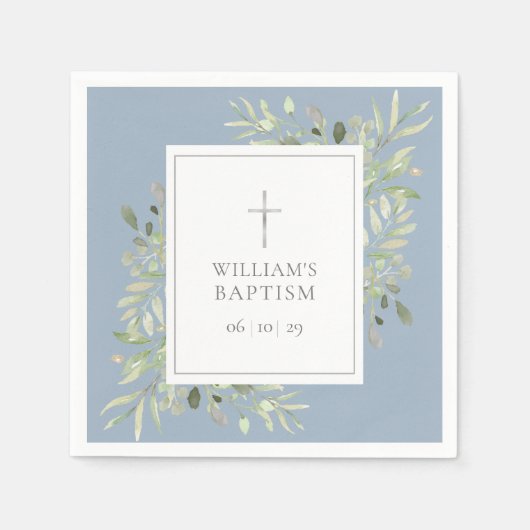 Greenery Silver Baptism Christening Dusty Blue Servet (Voorkant)
