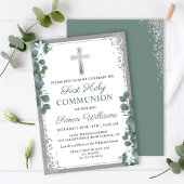 Greenery Silver Glitter First Heilige Communie Kaart