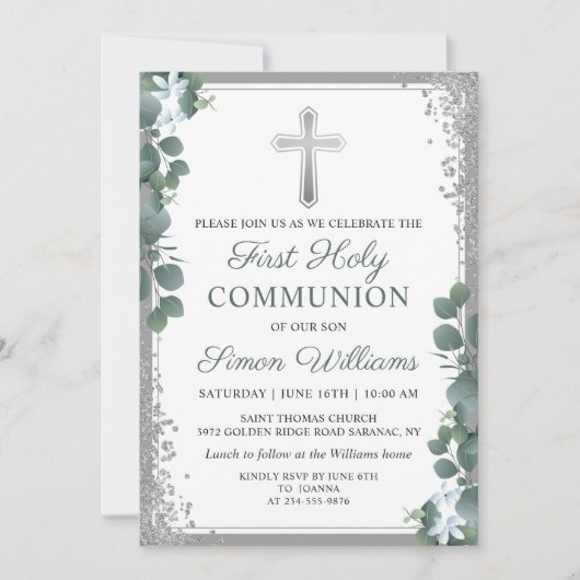 Greenery Silver Glitter First Heilige Communie Kaart (Voorkant)