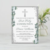 Greenery Silver Glitter First Heilige Communie Kaart (Staand voorkant)