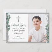 Greenery Silver Glitter First Holy Communion Photo Bedankkaart (Voorkant)