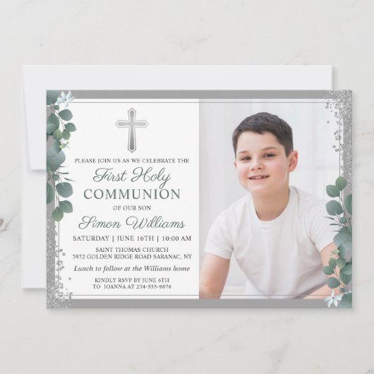 Greenery Silver Glitter First Holy Communion Photo Kaart (Voorkant)