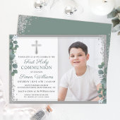 Greenery Silver Glitter First Holy Communion Photo Kaart