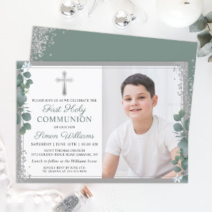 Greenery Silver Glitter First Holy Communion Photo Kaart