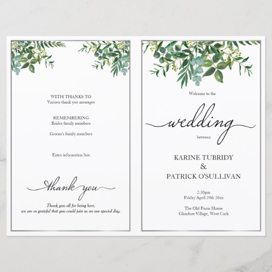 Greenery & Silver trouwprogramma, elegant letterty (Voorkant)