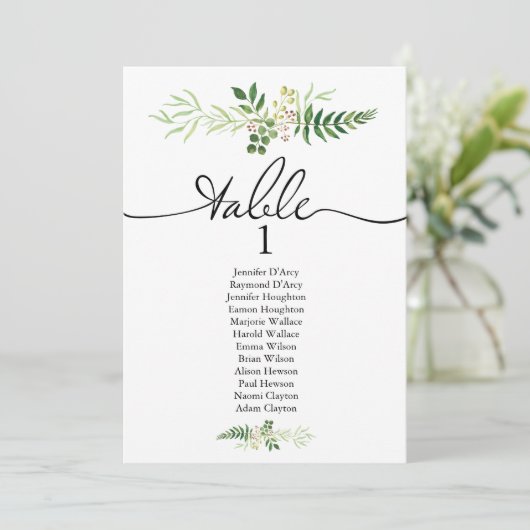 Greenery single bruiloft seating chart, modern fon kaart (Staand voorkant)