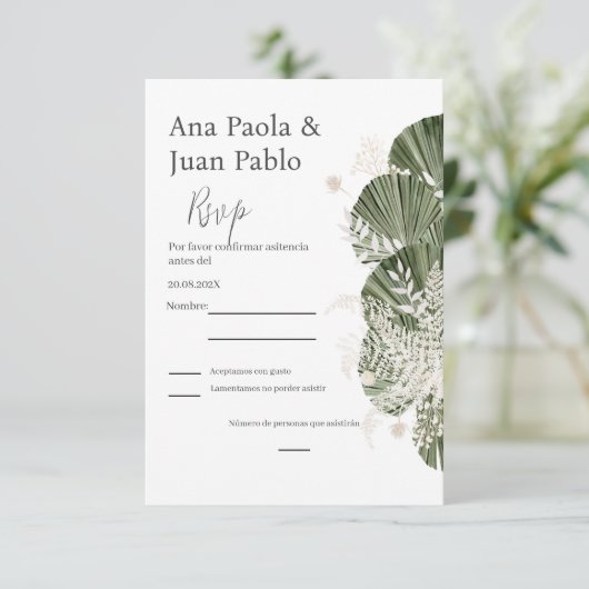 Greenery Spaanse bruiloft RSVP kaart (Staand voorkant)