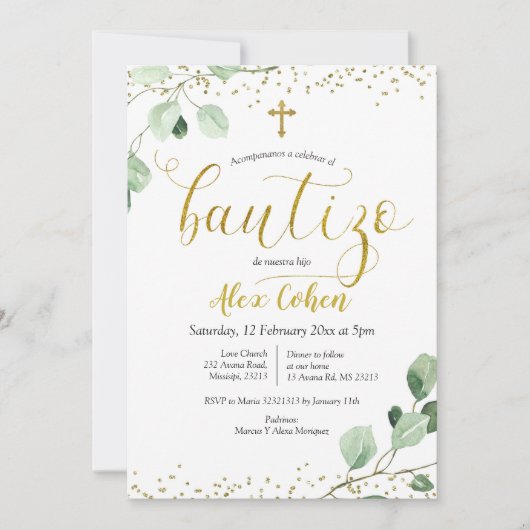 Greenery Spanish Boy Bautizo Invitacion Invitation Kaart (Voorkant)