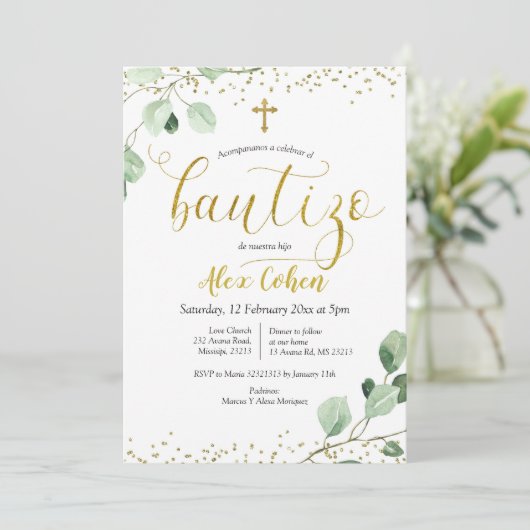 Greenery Spanish Boy Bautizo Invitacion Invitation Kaart (Staand voorkant)
