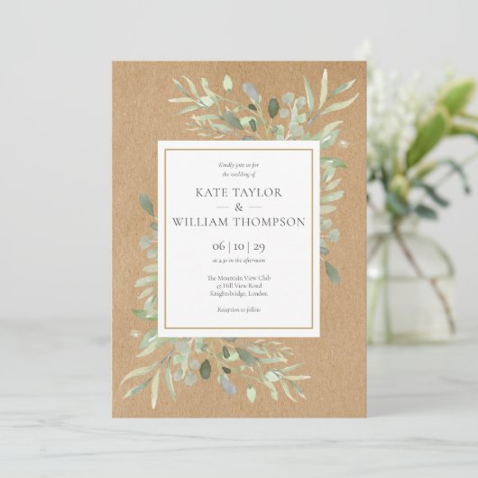Greenery Spring leveert Rustic Kraft Wedding Kaart (Staand voorkant)