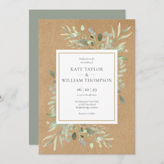 Greenery Spring leveert Rustic Kraft Wedding Kaart (Voorkant / Achterkant)